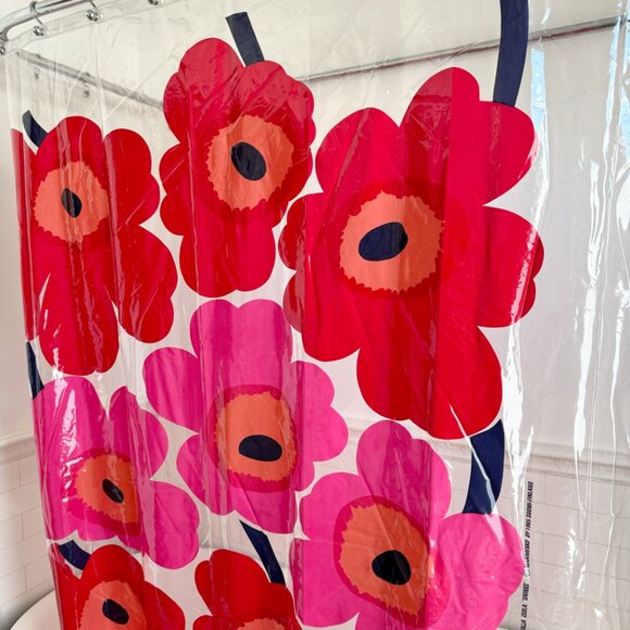 Marimekko Maija Isola Unikko Red Orange Pink Poppy Flowers PVC Shower Curtain - Picture 5 of 10